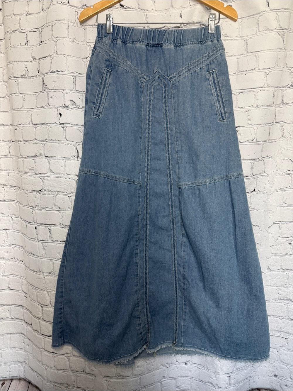 Light Blue Denim Maxi Skirt with Welt Pockets